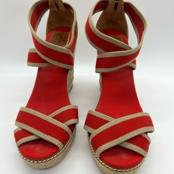 TORY BURCH WOMENS RED AND TAN WEDGE ADONIS WEDGE ESPADRILLES SIZE 10B - Picture 11 of 13